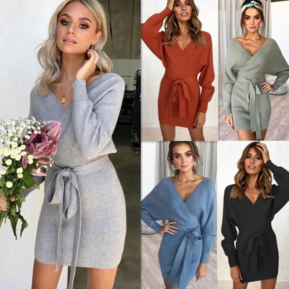 🔥🔥Sexy and Cozy Grey V Neck Sweater Dress - Picture 8 of 8